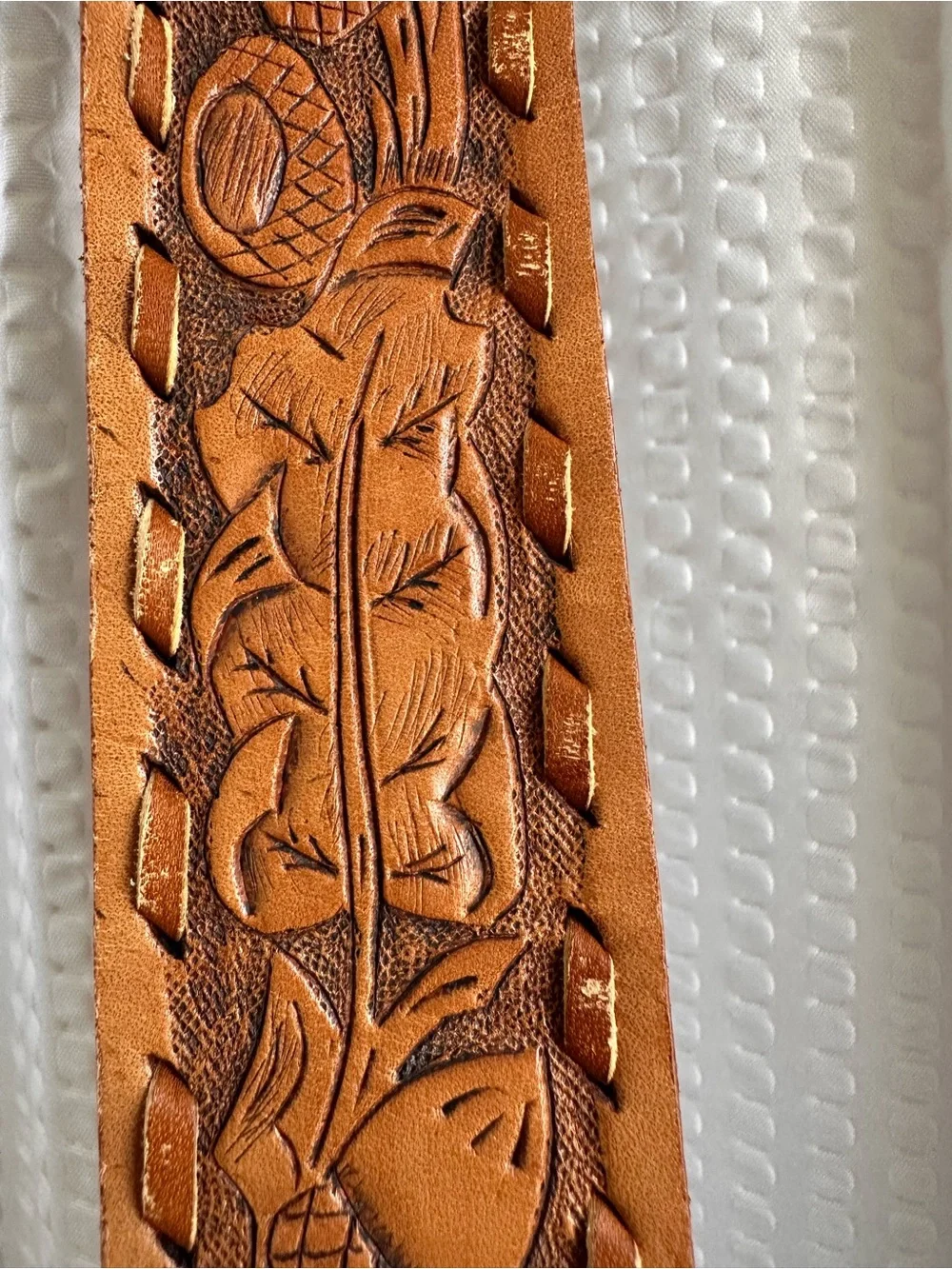 Western Tooled Leather Belt with Decorative Buckle - Brown